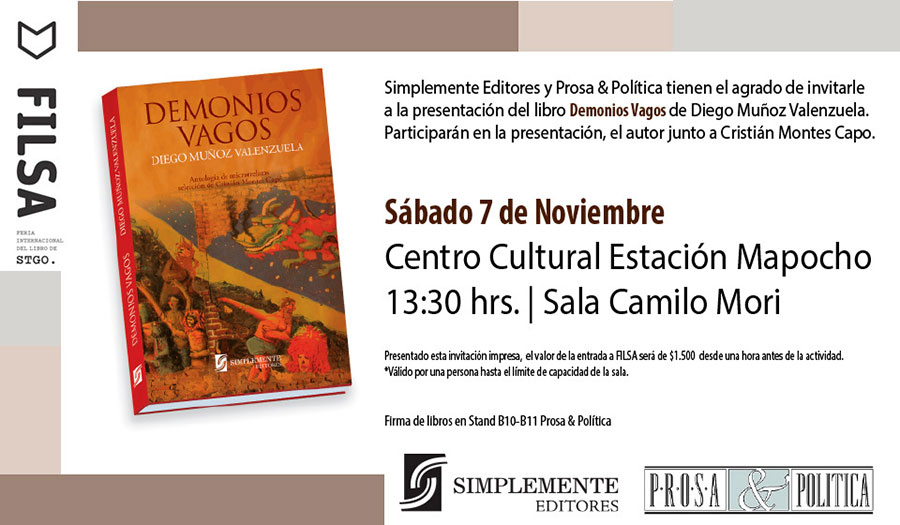 Presentación de libro “Demonios vagos”, de Diego Muñoz Valenzuela, en Filsa