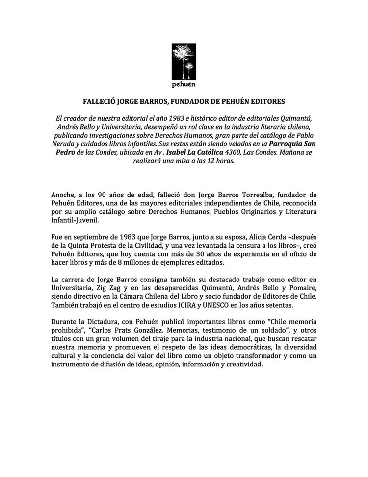 Falleció Jorge Barros, fundador de Pehuén Editores