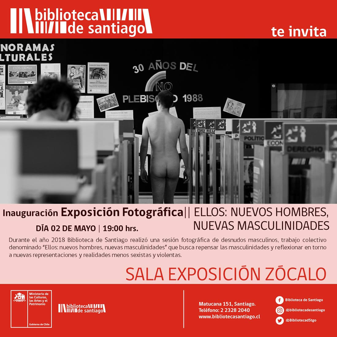 Invitación inauguración «Ellos: nuevos hombres, nuevas masculinidades» Letras en Género, Biblioteca de Santiago