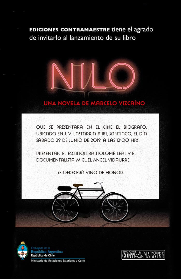 Invitación a lanzamiento de «Nilo», una novela de Marcelo Vizcaíno