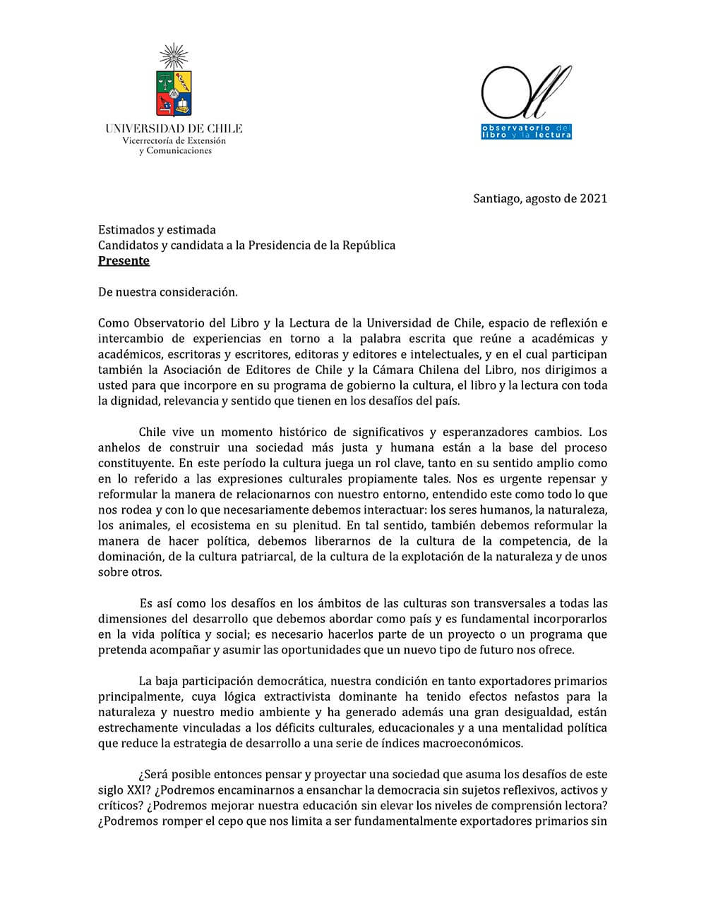 Carta del Observatorio del Libro y la Lectura de la Universidad de Chile, a quienes postulan a la presidencia de la República