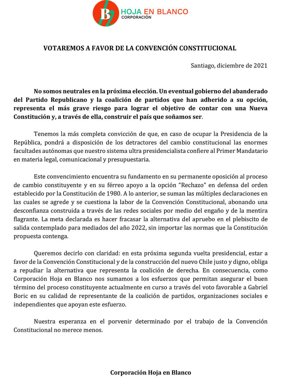 Votaremos a favor de La Convención Constitucional